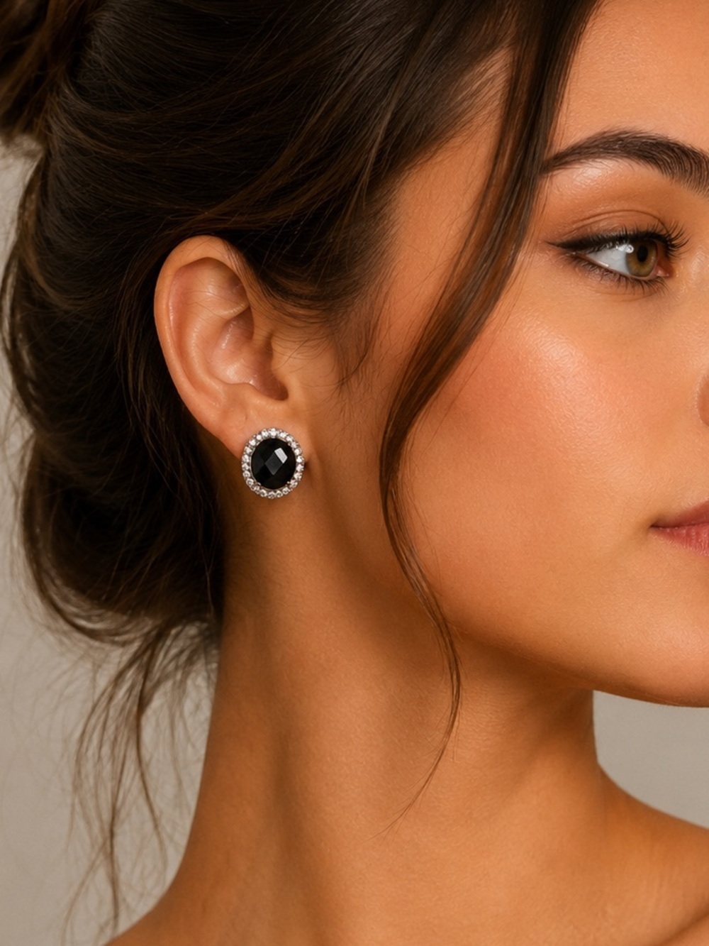 Simple Silver Scroll Design Earrings with Black Beaded Cabochon